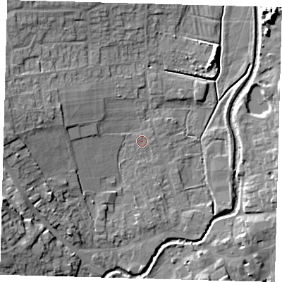 Shaded relief map of the ground around LN95AZ, computed from Environment Agency LiDAR. The ground here sits at about 29 m above sea level and falls 14 m across the surrounding 800 m. The ground contributing surface water to this point lies to the west-north-west.