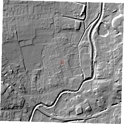 Shaded relief map of the ground around LN95BA, computed from Environment Agency LiDAR. The ground here sits at about 29 m above sea level and falls 11 m across the surrounding 800 m. Surface water reaching this point runs off ground lying to the south-south-west, 0.9 m higher.