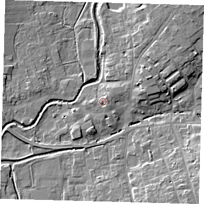 Shaded relief map of the ground around LN95BJ, computed from Environment Agency LiDAR. The ground here sits at about 31 m above sea level and falls 11 m across the surrounding 800 m. Surface water reaching this point runs off ground lying to the east, 1.9 m higher.
