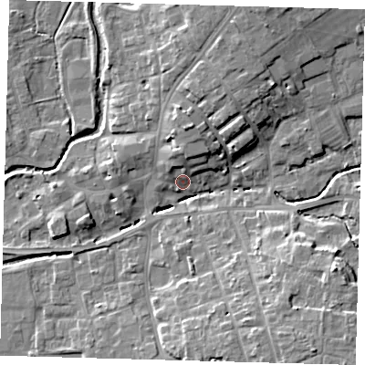Shaded relief map of the ground around LN95BW, computed from Environment Agency LiDAR. The ground here sits at about 30 m above sea level and falls 11 m across the surrounding 800 m. Surface water reaching this point runs off ground lying to the south-east, 10.8 m higher.