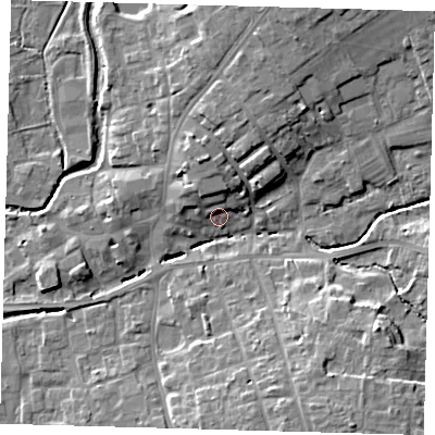 Shaded relief map of the ground around LN95DD, computed from Environment Agency LiDAR. The ground here sits at about 30 m above sea level and falls 11 m across the surrounding 800 m. Surface water reaching this point runs off ground lying to the south-south-east, 10.8 m higher.