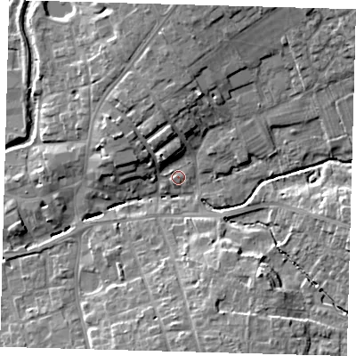 Shaded relief map of the ground around LN95DF, computed from Environment Agency LiDAR. The ground here sits at about 30 m above sea level and falls 11 m across the surrounding 800 m. Surface water reaching this point runs off ground lying to the north-east, 11.0 m higher.