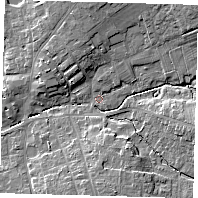 Shaded relief map of the ground around LN95DG, computed from Environment Agency LiDAR. The ground here sits at about 29 m above sea level and falls 12 m across the surrounding 800 m. Surface water reaching this point runs off ground lying to the north-east, 3.1 m higher.