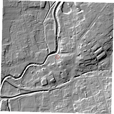 Shaded relief map of the ground around LN95DN, computed from Environment Agency LiDAR. The ground here sits at about 29 m above sea level and falls 12 m across the surrounding 800 m. Surface water reaching this point runs off ground lying to the south-south-east, 4.2 m higher.