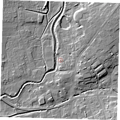 Shaded relief map of the ground around LN95DR, computed from Environment Agency LiDAR. The ground here sits at about 30 m above sea level and falls 11 m across the surrounding 800 m. Surface water reaching this point runs off ground lying to the north-east, 9.9 m higher.