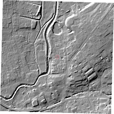 Shaded relief map of the ground around LN95DS, computed from Environment Agency LiDAR. The ground here sits at about 31 m above sea level and falls 11 m across the surrounding 800 m. Surface water reaching this point runs off ground lying to the east-north-east, 4.5 m higher.
