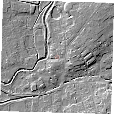 Shaded relief map of the ground around LN95DW, computed from Environment Agency LiDAR. The ground here sits at about 31 m above sea level and falls 12 m across the surrounding 800 m. Surface water reaching this point runs off ground lying to the north-east, 8.0 m higher.