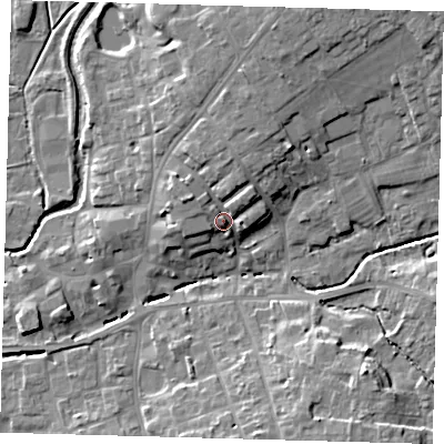 Shaded relief map of the ground around LN95EE, computed from Environment Agency LiDAR. The ground here sits at about 33 m above sea level and falls 11 m across the surrounding 800 m. Surface water reaching this point runs off ground lying to the north, 3.9 m higher.