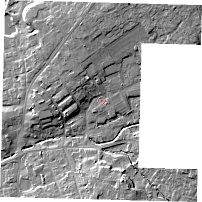 Shaded relief map of the ground around LN95EQ, computed from Environment Agency LiDAR. The ground here sits at about 31 m above sea level and falls 13 m across the surrounding 800 m. Surface water reaching this point runs off ground lying to the north-north-west, 5.1 m higher.