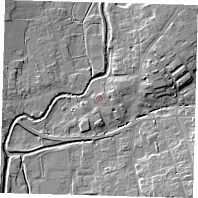 Shaded relief map of the ground around LN95HB, computed from Environment Agency LiDAR. The ground here sits at about 30 m above sea level and falls 11 m across the surrounding 800 m. Surface water reaching this point runs off ground lying to the east-north-east, 2.5 m higher.