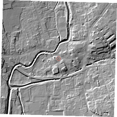 Shaded relief map of the ground around LN95HD, computed from Environment Agency LiDAR. The ground here sits at about 29 m above sea level and falls 11 m across the surrounding 800 m. Surface water reaching this point runs off ground lying to the east-north-east, 2.8 m higher.