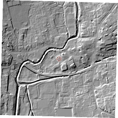 Shaded relief map of the ground around LN95HF, computed from Environment Agency LiDAR. The ground here sits at about 29 m above sea level and falls 10 m across the surrounding 800 m. Surface water reaching this point runs off ground lying to the south-south-east, 3.2 m higher.