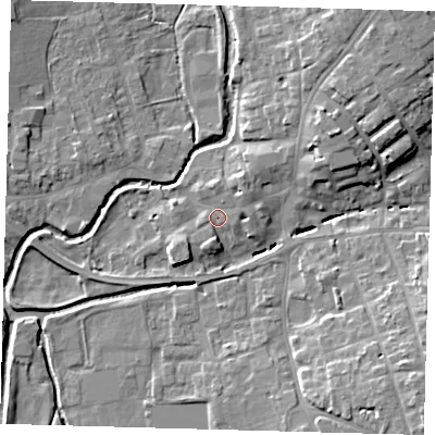 Shaded relief map of the ground around LN95HS, computed from Environment Agency LiDAR. The ground here sits at about 30 m above sea level and falls 11 m across the surrounding 800 m. Surface water reaching this point runs off ground lying to the north-east, 2.4 m higher.