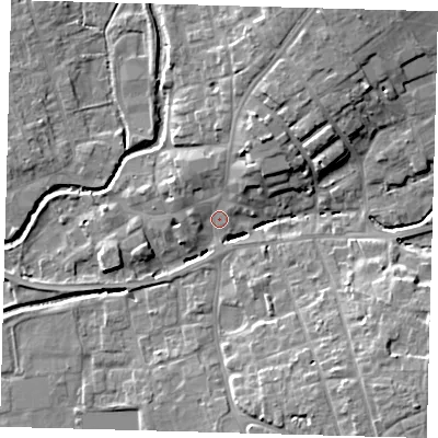 Shaded relief map of the ground around LN95HU, computed from Environment Agency LiDAR. The ground here sits at about 29 m above sea level and falls 11 m across the surrounding 800 m. Surface water reaching this point runs off ground lying to the south-east, 10.8 m higher.