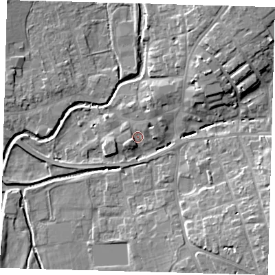 Shaded relief map of the ground around LN95HW, computed from Environment Agency LiDAR. The ground here sits at about 29 m above sea level and falls 11 m across the surrounding 800 m. Surface water reaching this point runs off ground lying to the west-south-west, 2.5 m higher.