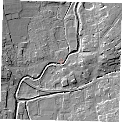 Shaded relief map of the ground around LN95HZ, computed from Environment Agency LiDAR. The ground here sits at about 29 m above sea level and falls 10 m across the surrounding 800 m. Surface water reaching this point runs off ground lying to the north-east, 9.1 m higher.