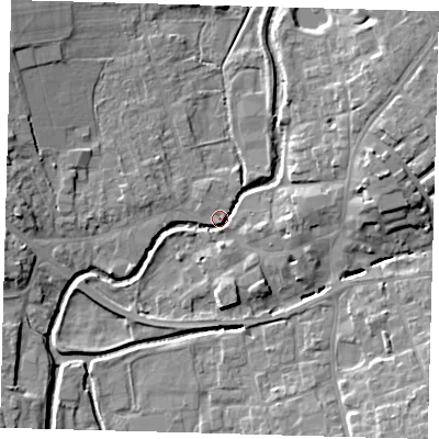 Shaded relief map of the ground around LN95JA, computed from Environment Agency LiDAR. The ground here sits at about 29 m above sea level and falls 11 m across the surrounding 800 m. Surface water reaching this point runs off ground lying to the north-east, 9.6 m higher.
