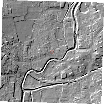 Shaded relief map of the ground around LN95JD, computed from Environment Agency LiDAR. The ground here sits at about 29 m above sea level and falls 11 m across the surrounding 800 m. Surface water reaching this point runs off ground lying to the west-north-west, 1.0 m higher.