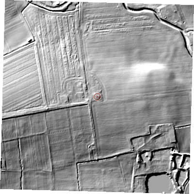 Shaded relief map of the ground around LN95LX, computed from Environment Agency LiDAR. The ground here sits at about 41 m above sea level and falls 20 m across the surrounding 800 m. Surface water reaching this point runs off ground lying to the south-west, 2.1 m higher.