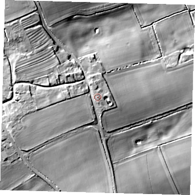 Shaded relief map of the ground around LN95NH, computed from Environment Agency LiDAR. The ground here sits at about 64 m above sea level and falls 30 m across the surrounding 800 m. Surface water reaching this point runs off ground lying to the west-south-west, 6.3 m higher.