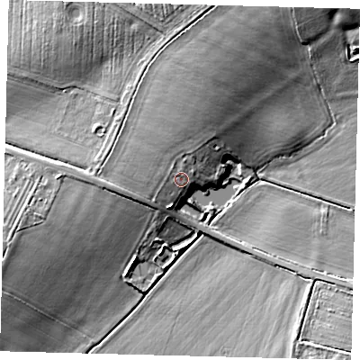 Shaded relief map of the ground around LN95NW, computed from Environment Agency LiDAR. The ground here sits at about 32 m above sea level and falls 11 m across the surrounding 800 m. Surface water reaching this point runs off ground lying to the north-west, 1.2 m higher.