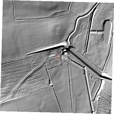 Shaded relief map of the ground around LN95PD, computed from Environment Agency LiDAR. The ground here sits at about 43 m above sea level and falls 17 m across the surrounding 800 m. Surface water reaching this point runs off ground lying to the south-west, 11.9 m higher.