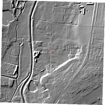 Shaded relief map of the ground around LN95PN, computed from Environment Agency LiDAR. The ground here sits at about 30 m above sea level and falls 15 m across the surrounding 800 m. Surface water reaching this point runs off ground lying to the east-north-east, 12.1 m higher.