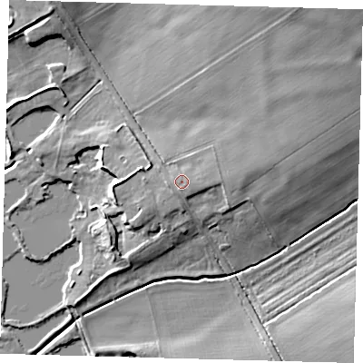 Shaded relief map of the ground around LN95PP, computed from Environment Agency LiDAR. The ground here sits at about 45 m above sea level and falls 19 m across the surrounding 800 m. Surface water reaching this point runs off ground lying to the south, 0.7 m higher.