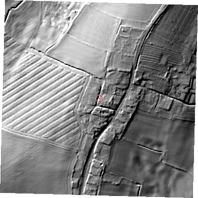 Shaded relief map of the ground around LN95PU, computed from Environment Agency LiDAR. The ground here sits at about 62 m above sea level and falls 22 m across the surrounding 800 m. Surface water reaching this point runs off ground lying to the north-east, 2.2 m higher.