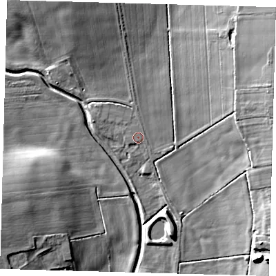 Shaded relief map of the ground around LN95PW, computed from Environment Agency LiDAR. The ground here sits at about 32 m above sea level and falls 18 m across the surrounding 800 m. Surface water reaching this point runs off ground lying to the north, 5.0 m higher.