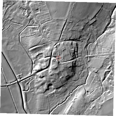 Shaded relief map of the ground around LN95QF, computed from Environment Agency LiDAR. The ground here sits at about 47 m above sea level and falls 16 m across the surrounding 800 m. Surface water reaching this point runs off ground lying to the north-east, 3.0 m higher.