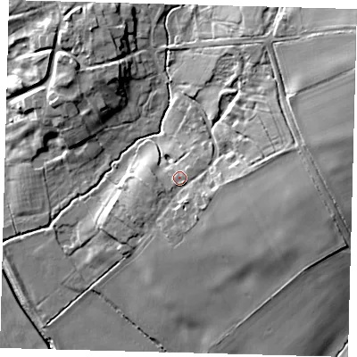 Shaded relief map of the ground around LN95QQ, computed from Environment Agency LiDAR. The ground here sits at about 46 m above sea level and falls 20 m across the surrounding 800 m. Surface water reaching this point runs off ground lying to the east, 3.6 m higher.