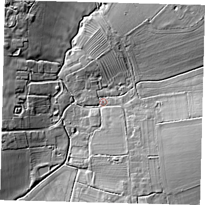 Shaded relief map of the ground around LN95RS, computed from Environment Agency LiDAR. The ground here sits at about 19 m above sea level and falls 13 m across the surrounding 800 m. Surface water reaching this point runs off ground lying to the east-south-east, 11.6 m higher.