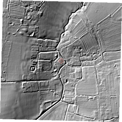 Shaded relief map of the ground around LN95RT, computed from Environment Agency LiDAR. The ground here sits at about 19 m above sea level and falls 11 m across the surrounding 800 m. Surface water reaching this point runs off ground lying to the north-north-west, 2.0 m higher.