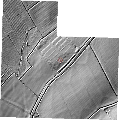 Shaded relief map of the ground around LN95RZ, computed from Environment Agency LiDAR. The ground here sits at about 17 m above sea level and falls 10 m across the surrounding 800 m. Surface water reaching this point runs off ground lying to the north-east, 1.1 m higher.