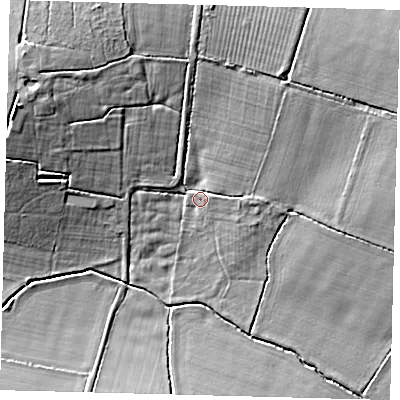 Shaded relief map of the ground around LN95SA, computed from Environment Agency LiDAR. The ground here sits at about 11 m above sea level and falls 12 m across the surrounding 800 m. Surface water reaching this point runs off ground lying to the north-east, 9.8 m higher.