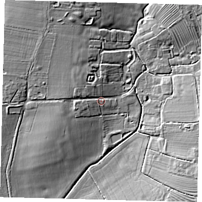 Shaded relief map of the ground around LN95SB, computed from Environment Agency LiDAR. The ground here sits at about 20 m above sea level and falls 11 m across the surrounding 800 m. Surface water reaching this point runs off ground lying to the west-north-west, 4.7 m higher.
