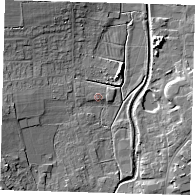 Shaded relief map of the ground around LN95ST, computed from Environment Agency LiDAR. The ground here sits at about 30 m above sea level and falls 11 m across the surrounding 800 m. Surface water reaching this point runs off ground lying to the north-west, 10.7 m higher.