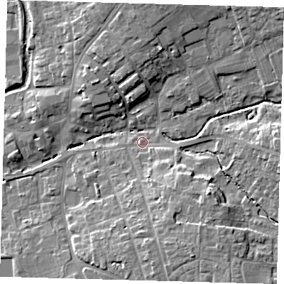 Shaded relief map of the ground around LN96AA, computed from Environment Agency LiDAR. The ground here sits at about 30 m above sea level and falls 11 m across the surrounding 800 m. Surface water reaching this point runs off ground lying to the north-east, 10.2 m higher.