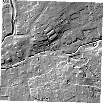 Shaded relief map of the ground around LN96AP, computed from Environment Agency LiDAR. The ground here sits at about 29 m above sea level and falls 11 m across the surrounding 800 m. Surface water reaching this point runs off ground lying to the south-south-east, 10.8 m higher.