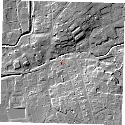 Shaded relief map of the ground around LN96AZ, computed from Environment Agency LiDAR. The ground here sits at about 30 m above sea level and falls 11 m across the surrounding 800 m. Surface water reaching this point runs off ground lying to the south-east, 4.7 m higher.