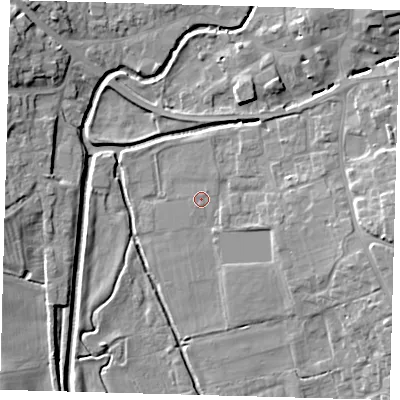 Shaded relief map of the ground around LN96HP, computed from Environment Agency LiDAR. The ground here sits at about 28 m above sea level and falls 11 m across the surrounding 800 m. The ground contributing surface water to this point lies to the north-east.
