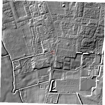 Shaded relief map of the ground around LN96HU, computed from Environment Agency LiDAR. The ground here sits at about 31 m above sea level and falls 17 m across the surrounding 800 m. Surface water reaching this point runs off ground lying to the north-east, 3.5 m higher.