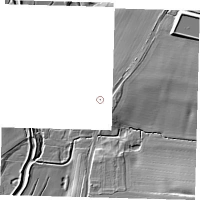 Shaded relief map of the ground around LN96JD, computed from Environment Agency LiDAR. and falls 13 m across the surrounding 800 m.