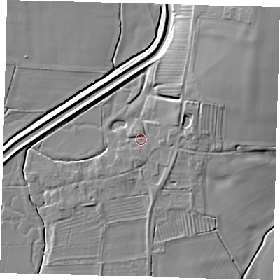 Shaded relief map of the ground around LN96JF, computed from Environment Agency LiDAR. The ground here sits at about 15 m above sea level and falls 13 m across the surrounding 800 m. Surface water reaching this point runs off ground lying to the north-east, 8.9 m higher.