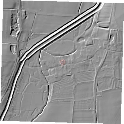 Shaded relief map of the ground around LN96JG, computed from Environment Agency LiDAR. The ground here sits at about 16 m above sea level and falls 11 m across the surrounding 800 m. Surface water reaching this point runs off ground lying to the east, 1.4 m higher.