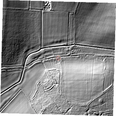 Shaded relief map of the ground around LN96JH, computed from Environment Agency LiDAR. The ground here sits at about 17 m above sea level and falls 15 m across the surrounding 800 m. Surface water reaching this point runs off ground lying to the south-south-east, 11.7 m higher.