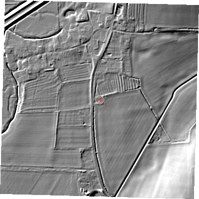 Shaded relief map of the ground around LN96JQ, computed from Environment Agency LiDAR. The ground here sits at about 15 m above sea level and falls 15 m across the surrounding 800 m. Surface water reaching this point runs off ground lying to the north-north-east, 3.0 m higher.