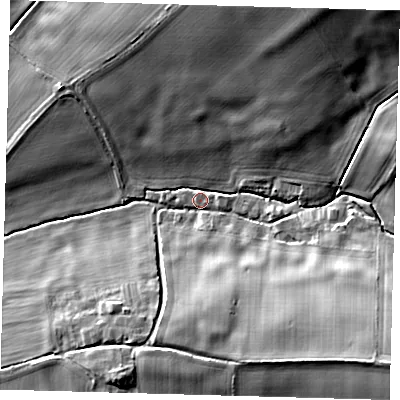 Shaded relief map of the ground around LN96JU, computed from Environment Agency LiDAR. The ground here sits at about 47 m above sea level and falls 21 m across the surrounding 800 m. Surface water reaching this point runs off ground lying to the south-east, 17.0 m higher.
