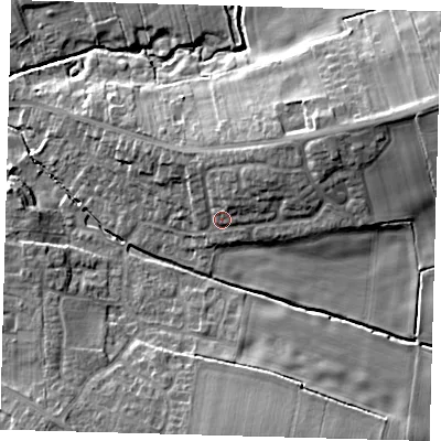 Shaded relief map of the ground around LN96PN, computed from Environment Agency LiDAR. The ground here sits at about 37 m above sea level and falls 17 m across the surrounding 800 m. Surface water reaching this point runs off ground lying to the north-east, 6.1 m higher.